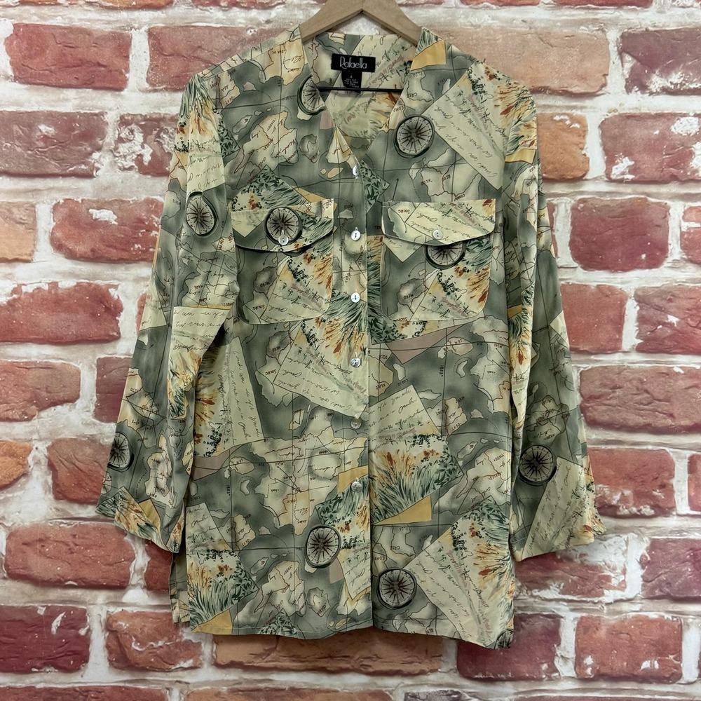 Rafaella Top Womens 4 Multicolor 100% Silk Travel Map Compass Button Front Shirt